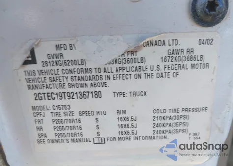 2002 GMC Sierra 1500 Sle z USA, uszkodzony, nr VIN 2GTEC19T921367180